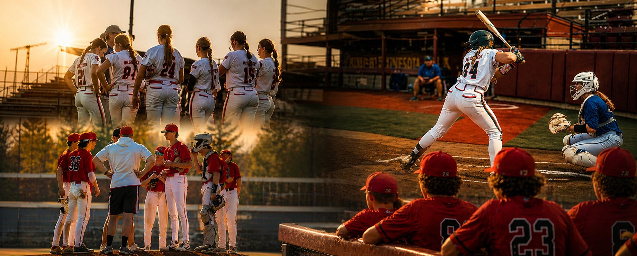 Complete Game baseball and softball players batting, pitching, and celebrating with teammates